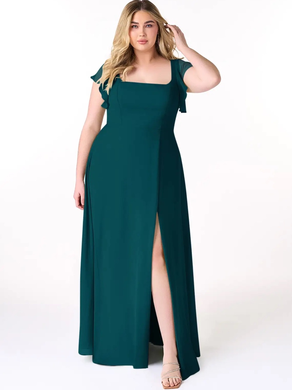 Azazie Bondi - Pine A-Line Ruffled Chiffon Dress - Size 24